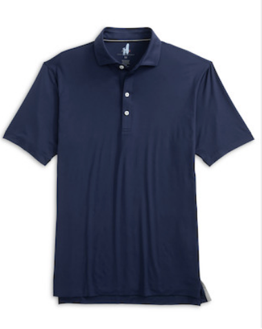 The Johnnie-O Huronn Polo, a navy blue short-sleeve performance shirt featuring a three-button placket and collar with UPF 50 sun protection, is displayed laid flat against a white background.