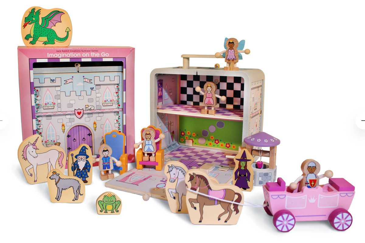 Jack Rabbit Creations Suitcase Series wooden toy castle set in a bamboo suitcase with character figures, a horse, a unicorn, and a carriage painted with non-toxic paints.