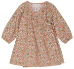 The Serendipity Baby Girls’ Light Wovern Wrap Dress features a charming floral print with long puff sleeves, a round neckline, and an adorable bow tie at the chest. Designed in a blend of pink, green, and orange hues, this sweet outfit is perfect for any occasion.