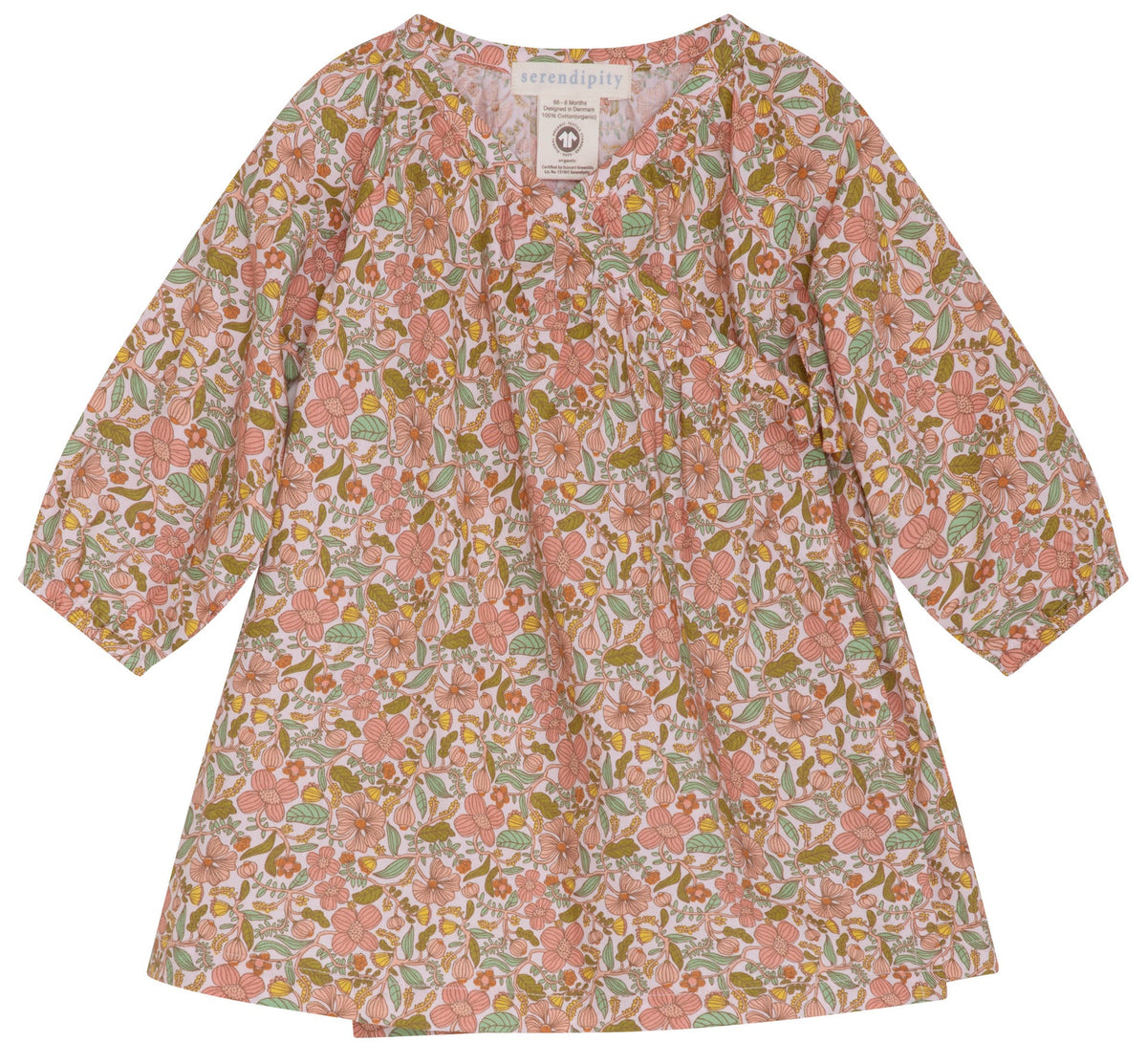 The Serendipity Baby Girls’ Light Wovern Wrap Dress features a charming floral print with long puff sleeves, a round neckline, and an adorable bow tie at the chest. Designed in a blend of pink, green, and orange hues, this sweet outfit is perfect for any occasion.