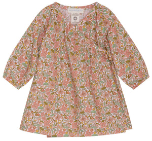 The Serendipity Baby Girls’ Light Wovern Wrap Dress features a charming floral print with long puff sleeves, a round neckline, and an adorable bow tie at the chest. Designed in a blend of pink, green, and orange hues, this sweet outfit is perfect for any occasion.