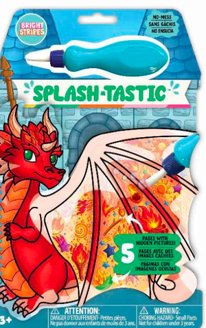Bright Stripes’ Splash-Tastic Dragon is a no-mess coloring magic reveal pad that comes with a red dragon design, a blue water pen, and text highlighting 5 pages filled with hidden images for kids to uncover—making creative play easy and fun!.