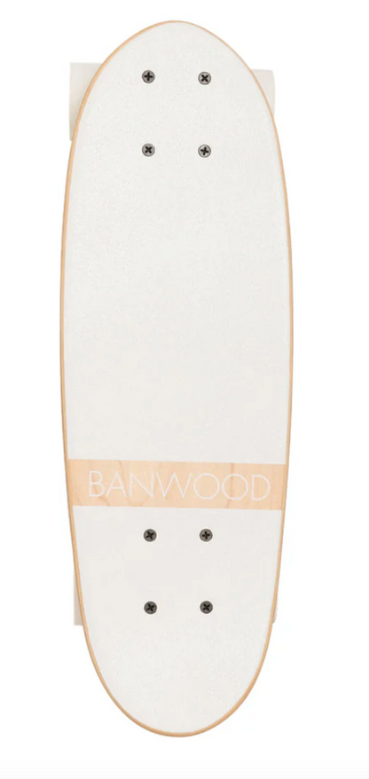 Banwood skateboard deck by Banwood, featuring black mounting screws, captured from an overhead angle.