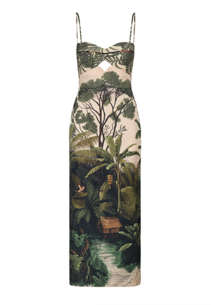 The Tropicana Ankle Dress by Johanna Ortiz is a sleeveless, fitted jacquard dress with thin straps, showcasing a Colombian landscape motif with trees, plants, and a small hut near water.