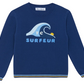 The Boys’ Illustration Sweater by Tartine et Chocolat features a blue design with a wave graphic, a yellow sun, and the word “SURFEUR” printed on the front. Crafted from 100% cotton, this long-sleeve sweater is finished with yellow and white striped detailing on the cuffs and hem.