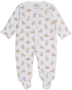 The Kissy Kissy Baby Boys’ Beary Blessed Printed Zip Footie features a charming teddy bears and yellow ducks print in playful poses, crafted from soft Pima cotton with long sleeves, a zip closure, and footed design.