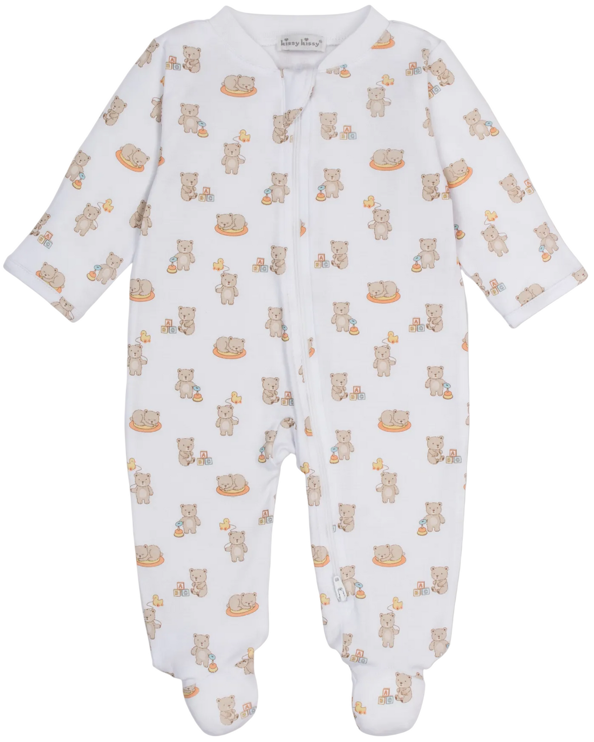 The Kissy Kissy Baby Boys’ Beary Blessed Printed Zip Footie features a charming teddy bears and yellow ducks print in playful poses, crafted from soft Pima cotton with long sleeves, a zip closure, and footed design.