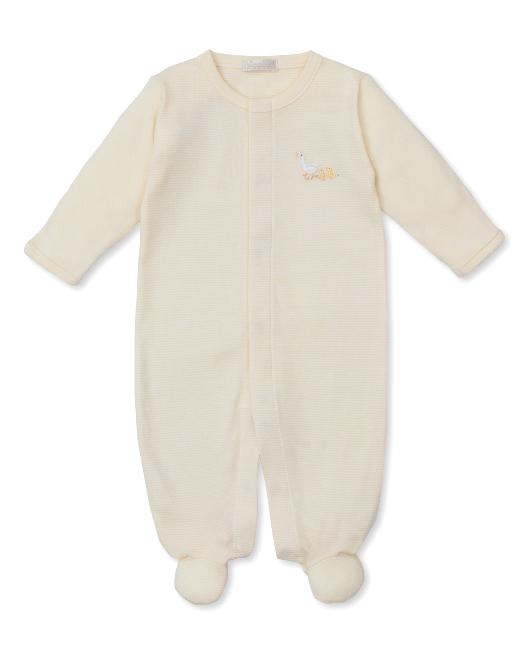 The Kissy Kissy Baby Premier Baby Duckling Striped Footie with Hand Emb. is a long-sleeve, cream-striped baby outfit crafted from soft Peruvian cotton and features an embroidered duck on the chest.