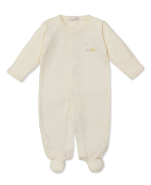 The Kissy Kissy Baby Premier Baby Duckling Striped Footie with Hand Emb. is a long-sleeve, cream-striped baby outfit crafted from soft Peruvian cotton and features an embroidered duck on the chest.