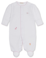 The Baby SCE Jungle Hang Out Footie by Kissy Kissy is crafted from soft Peruvian cotton and features long sleeves, pink trim, and delicate hand embroidery of a giraffe, elephant, and lion on the front.
