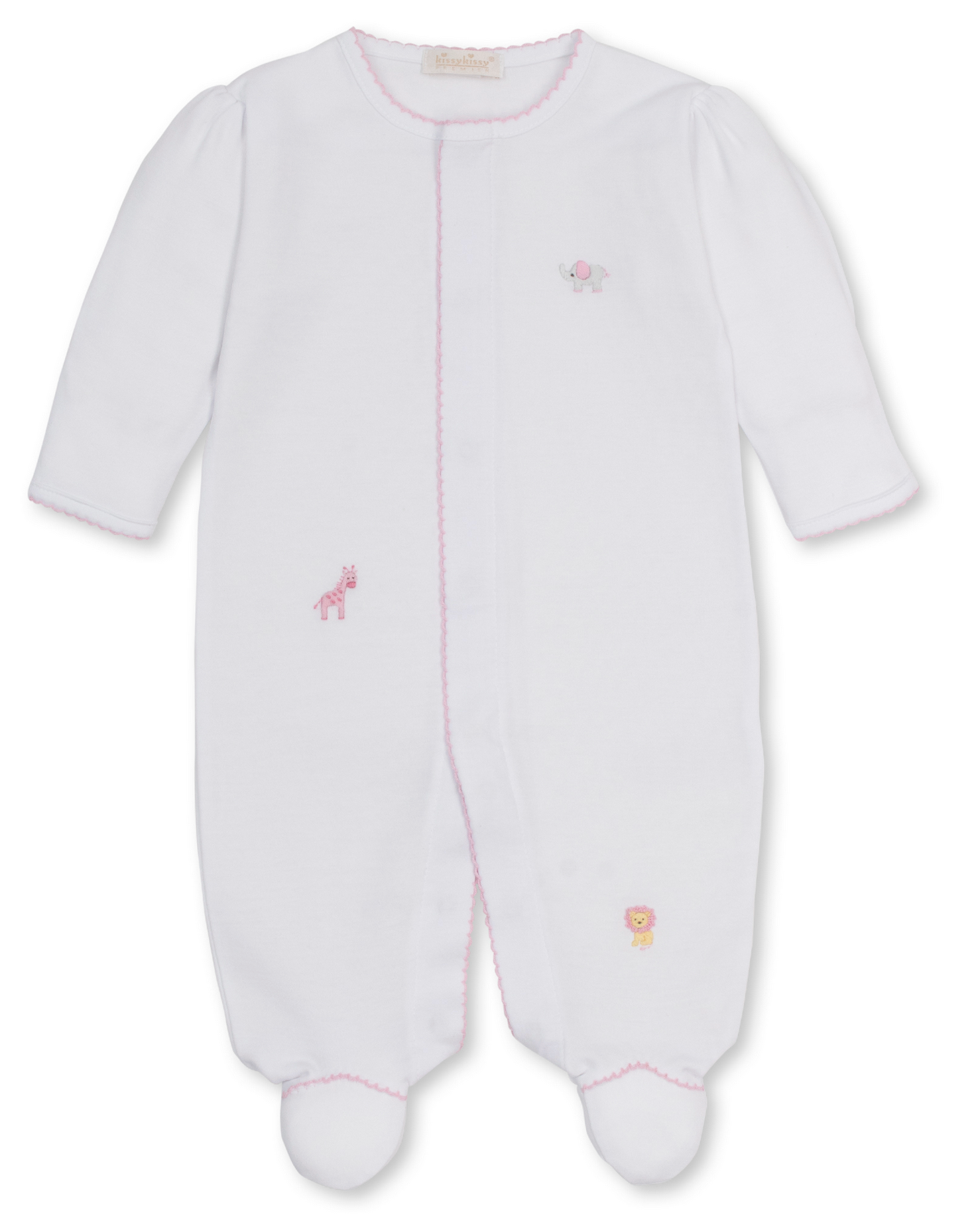 The Baby SCE Jungle Hang Out Footie by Kissy Kissy is crafted from soft Peruvian cotton and features long sleeves, pink trim, and delicate hand embroidery of a giraffe, elephant, and lion on the front.