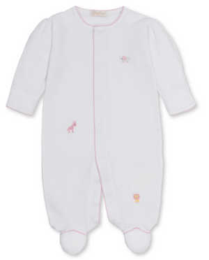 The Baby SCE Jungle Hang Out Footie by Kissy Kissy is crafted from soft Peruvian cotton and features long sleeves, pink trim, and delicate hand embroidery of a giraffe, elephant, and lion on the front.