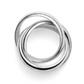 The Sofie Ring by Lie Studio features three interlocking silver rings in a continuous loop, making a bold statement and showcased against a white background.