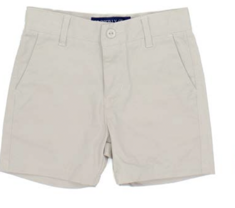 The Properly Tied Patriot Short, offered by Properly Tied, is a beige pair of adventure shorts featuring belt loops and front pockets, ideal for classic boys and designed to lay flat.