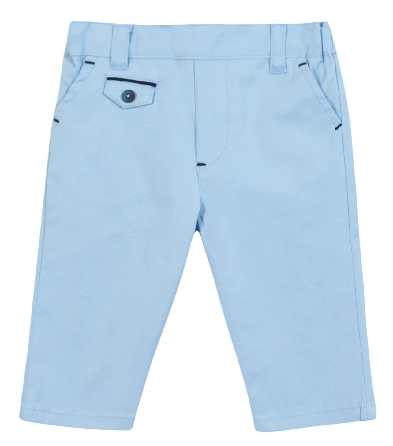 The Tartine et Chocolat Baby Boys’ and Toddler Cotton Trousers feature a light blue hue, front pockets, belt loops, and a charming buttoned flap detail on the right side—capturing coastal colors for an essential seaside look.
