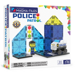 Box of the Magnatiles Police Station 20-Piece Set with blue and yellow magnetic tiles, a police figure, and a police vehicle on the front. This creative set lets kids design their own police station. Suitable for ages 3-99.