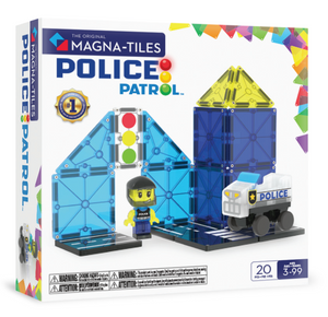 Box of the Magnatiles Police Station 20-Piece Set with blue and yellow magnetic tiles, a police figure, and a police vehicle on the front. This creative set lets kids design their own police station. Suitable for ages 3-99.