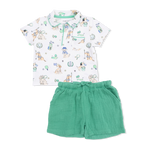 Angel Dear Baby Boys’ and Boys’ Polo with Casual Short set featuring a short-sleeve polo shirt adorned with a sporty dog print and paired with green Organic Cotton Muslin shorts, displayed flat on a white background—a playful outfit designed for everyday comfort.