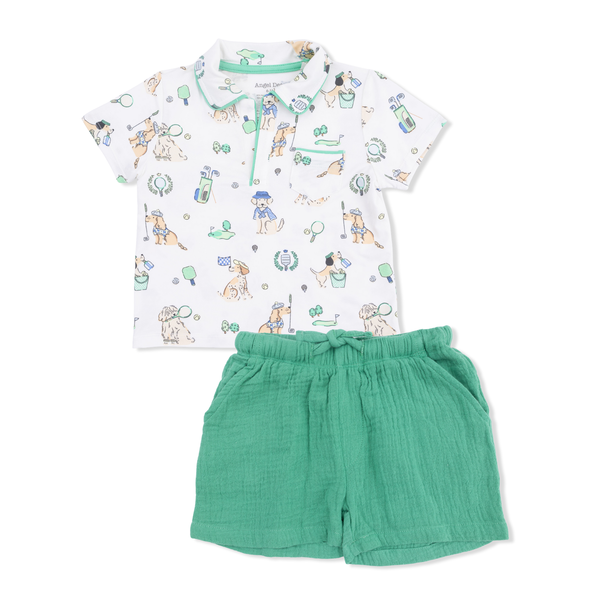 Angel Dear Baby Boys’ and Boys’ Polo with Casual Short set featuring a short-sleeve polo shirt adorned with a sporty dog print and paired with green Organic Cotton Muslin shorts, displayed flat on a white background—a playful outfit designed for everyday comfort.