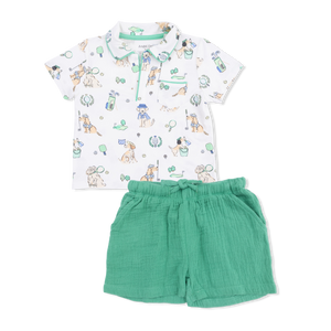 Angel Dear Baby Boys’ and Boys’ Polo with Casual Short set featuring a short-sleeve polo shirt adorned with a sporty dog print and paired with green Organic Cotton Muslin shorts, displayed flat on a white background—a playful outfit designed for everyday comfort.