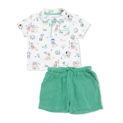 Angel Dear Baby Boys’ and Boys’ Polo with Casual Short set featuring a short-sleeve polo shirt adorned with a sporty dog print and paired with green Organic Cotton Muslin shorts, displayed flat on a white background—a playful outfit designed for everyday comfort.