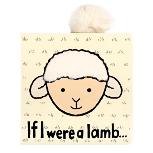 A Jellycat children's lamb board book cover featuring a cartoon lamb's face with the title "Jellycat If I Were a Lamb Board Book" and a small fluffy pompom on top. Ideal for newborns and upwards, it boasts soft fleece textures perfect for little hands.