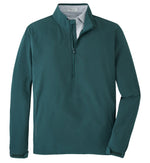 The Peter Millar Dunes Half-Zip is a teal pullover made from four-way stretch performance fabric, featuring a stand collar and long sleeves, shown against a white background.