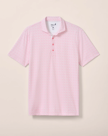 The Johnnie-O Flock Yeah Performance Mesh Polo is a light pink, short-sleeve shirt with a subtle geometric pattern, crafted from performance fabric with a collar and three-button placket—perfect for upgrading your golf wardrobe.