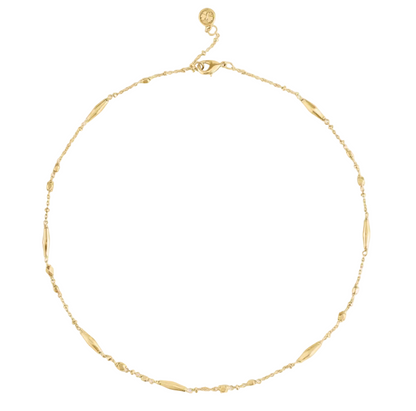 Anabel Aram Milos Multi Beaded Necklace, an 18k gold plated chain with scattered elongated and small spherical beads.