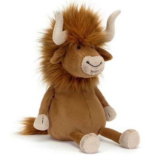 Jellycat Ramone Bull is a plush toy featuring a fluffy mane, beige horns, and a smiling face. With its silky fur and sturdy build, it sits upright gracefully.