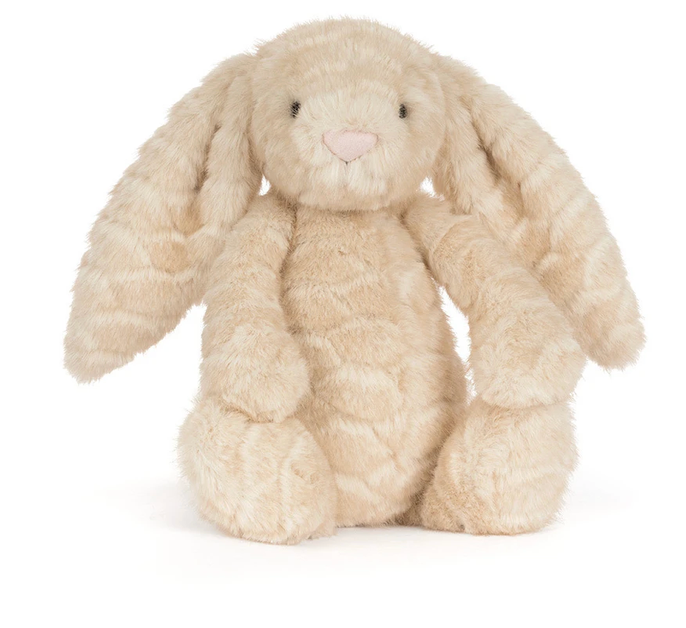 Franilla Luxe Bunny Original plush with long ears and patterned tan fur.