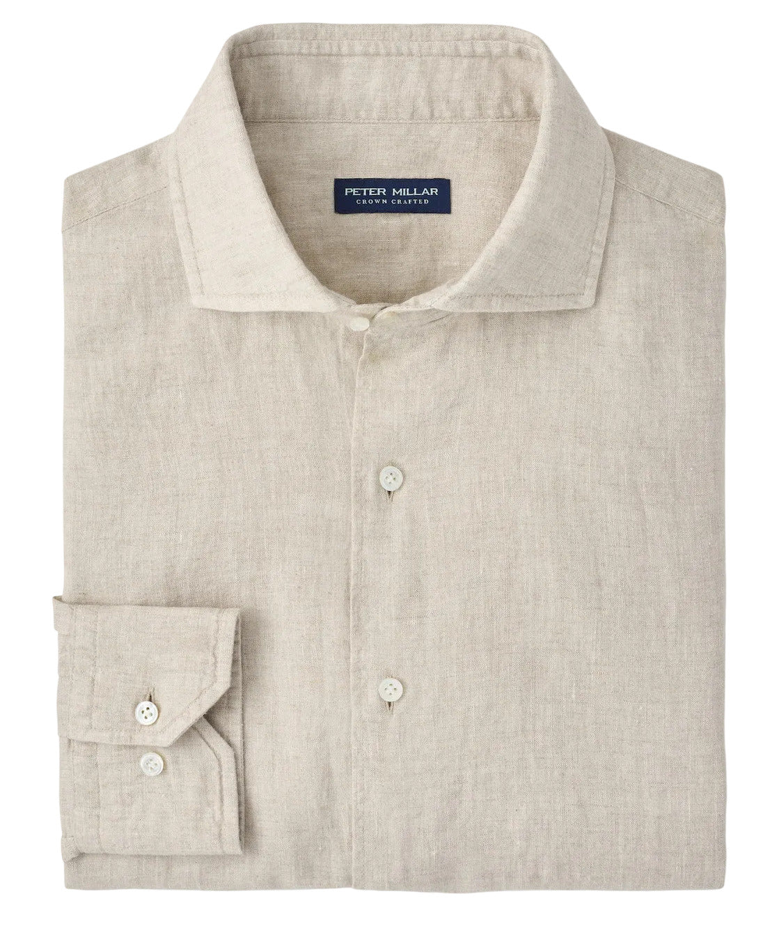 The Astino Lino Sport Shirt by Peter Millar is a beige long-sleeve Italian linen shirt, neatly folded, with a classic collar and mother-of-pearl buttons, featuring the Peter Millar label inside the collar.
