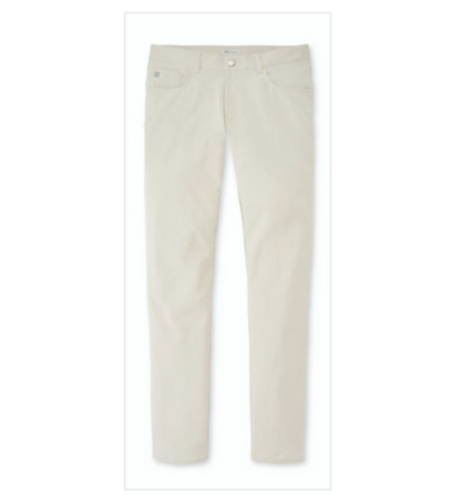 The Peter Millar eb66 Performance Five-Pocket Pant in beige, featuring four-way stretch, is shown laid flat on a white background.