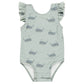Rylee & Cru Baby Girls' & Girls' Scoop Back Onepiece: light green swimsuit with ruffled sleeves, gray whale print, and UPF 50+ sun protection.