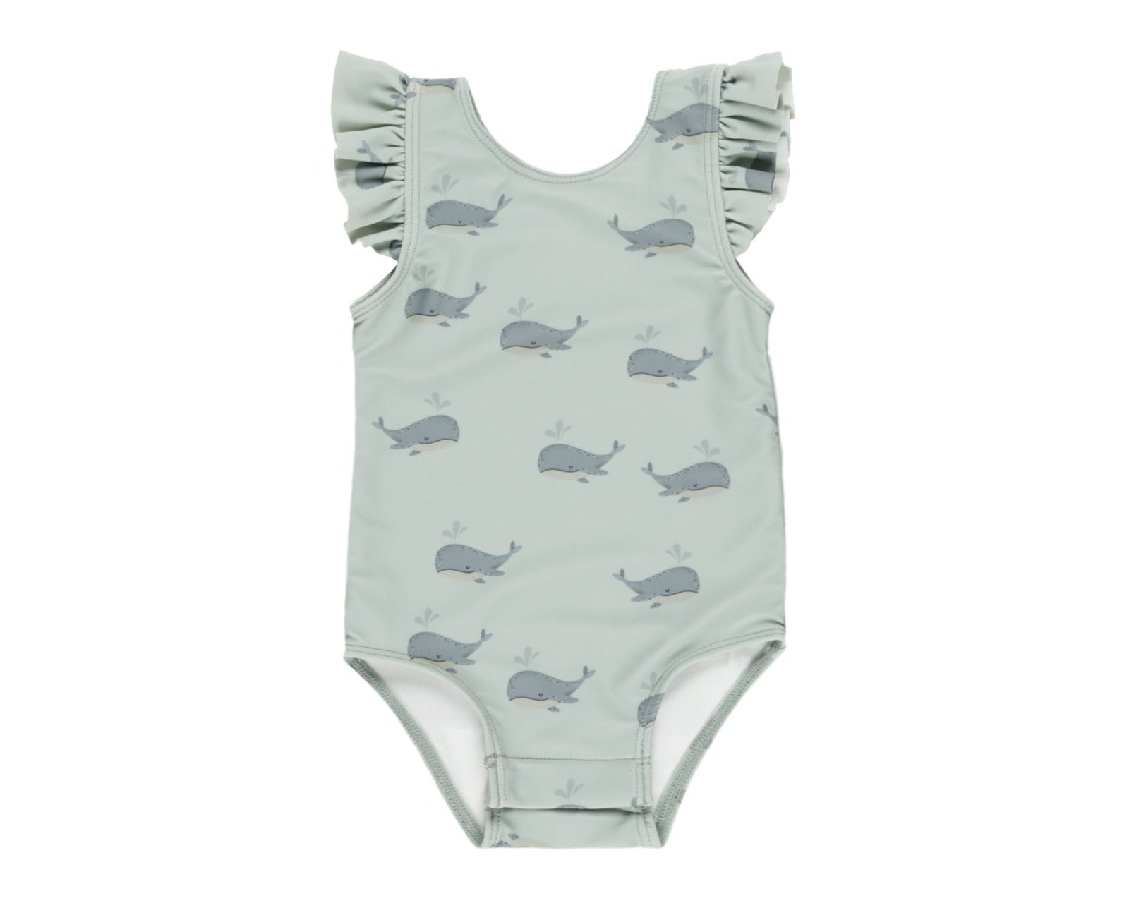 Rylee & Cru Baby Girls' & Girls' Scoop Back Onepiece: light green swimsuit with ruffled sleeves, gray whale print, and UPF 50+ sun protection.