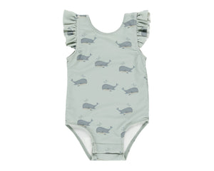 Rylee & Cru Baby Girls' & Girls' Scoop Back Onepiece: light green swimsuit with ruffled sleeves, gray whale print, and UPF 50+ sun protection.