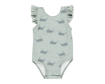 Rylee & Cru Baby Girls' & Girls' Scoop Back Onepiece: light green swimsuit with ruffled sleeves, gray whale print, and UPF 50+ sun protection.