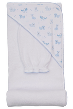 Kissy Kissy’s Puppy Paws Hooded Towel with Mitt Set, made from soft Pima cotton, features a blue animal print with bears and seals on the hood and is neatly folded on a plain background.
