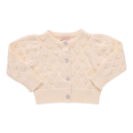 The Girls' Connie Sweater by Pink Chicken is a cream long-sleeve pointelle cardigan with glitter button-up front, ribbed cuffs and hem, shown flat on a white background—a classic style.