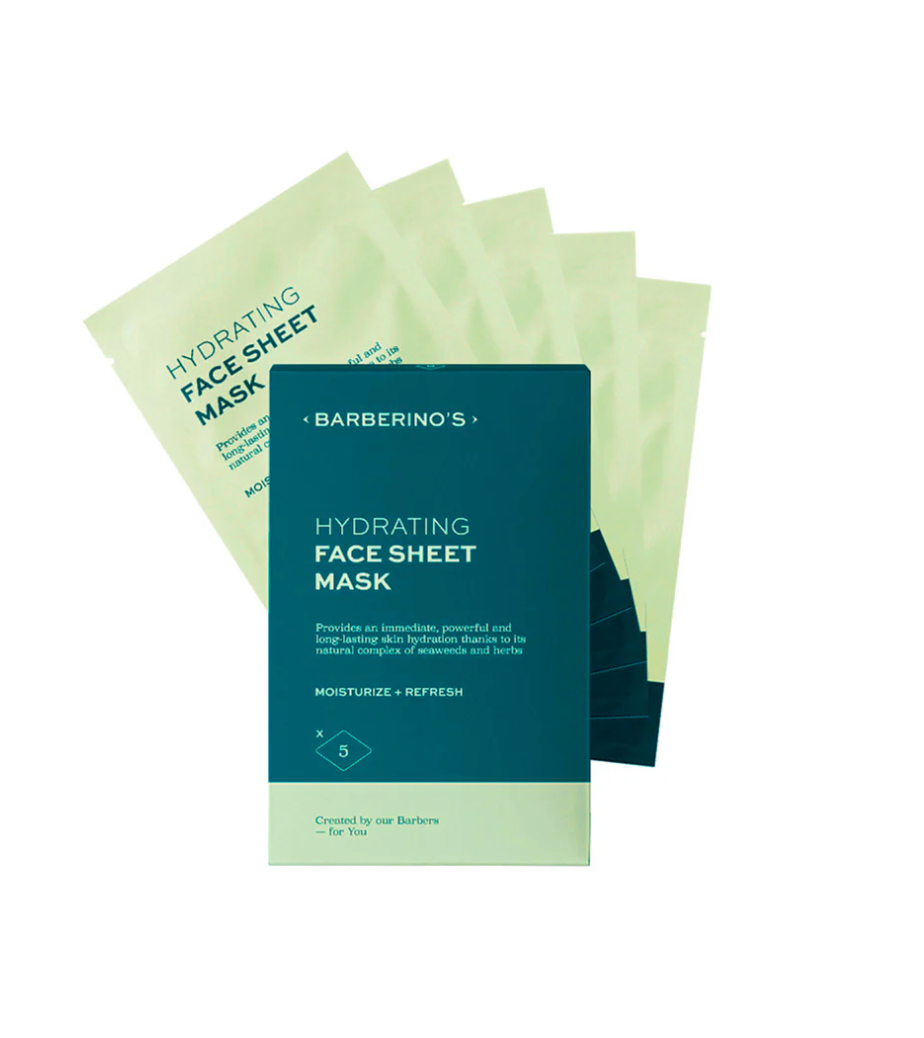 Five Barberino's Hydrating Face Sheet Masks are displayed in a fanned layout, spotlighting their deep hydration benefits and making them an ideal upgrade for your skincare routine.