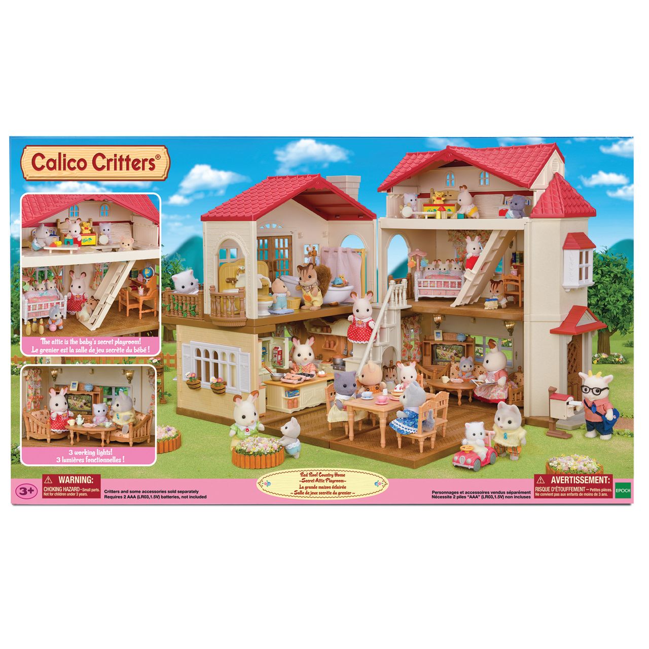 Calico Critters Country Home-Secret Attic Playroom playset featuring animal figurines, including the popular Chocolate Rabbit family, arranged in detailed rooms with furnished accessories; displayed against a pink packaging background with product information and images of the Red Roof Country Home.