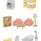 Assorted miniature Calico Critters furniture designed for your Red Roof Country Home Gift Set, including bunk beds, washing machine, TV, armchairs, table, lamp, car, toilet, bathtub, and shower—perfect for expanding any Calico Critters dollhouse playset.