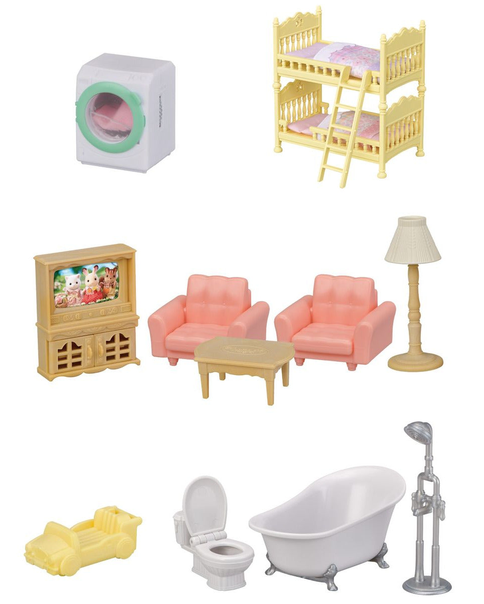 Assorted miniature Calico Critters furniture designed for your Red Roof Country Home Gift Set, including bunk beds, washing machine, TV, armchairs, table, lamp, car, toilet, bathtub, and shower—perfect for expanding any Calico Critters dollhouse playset.