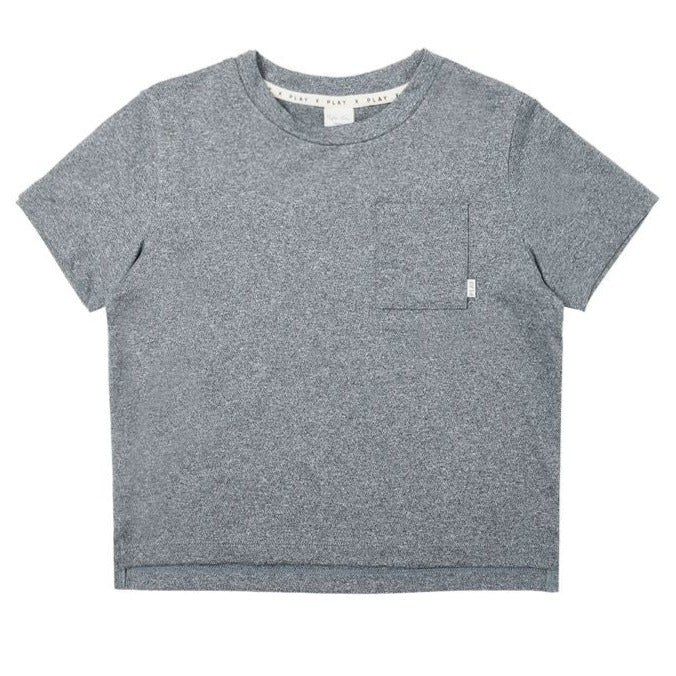 The Boys' Cove Essential Pocket Tee by Rylee & Cru is a gray, short-sleeved shirt with a round neckline and left chest pocket—an everyday staple for any wardrobe.