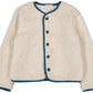 The Louis Louise Baby Boys' and Boys' Teddy Bear Fake Fur Jacket features cream-colored faux fur sherpa, a full lining, blue trim, and black buttons down the front, shown laid flat on a white background.