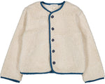 The Louis Louise Baby Boys' and Boys' Teddy Bear Fake Fur Jacket features cream-colored faux fur sherpa, a full lining, blue trim, and black buttons down the front, shown laid flat on a white background.