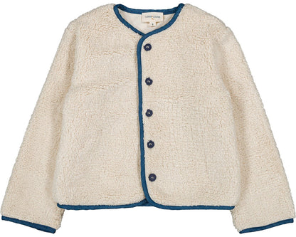 The Louis Louise Baby Boys' and Boys' Teddy Bear Fake Fur Jacket features cream-colored faux fur sherpa, a full lining, blue trim, and black buttons down the front, shown laid flat on a white background.