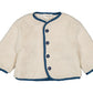 The Louis Louise Baby Boys' and Boys' Teddy Bear Fake Fur Jacket features cream-colored sherpa with blue trim and buttons, fully lined for comfort, shown flat on a white background.