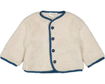 The Louis Louise Baby Boys' and Boys' Teddy Bear Fake Fur Jacket features cream-colored sherpa with blue trim and buttons, fully lined for comfort, shown flat on a white background.
