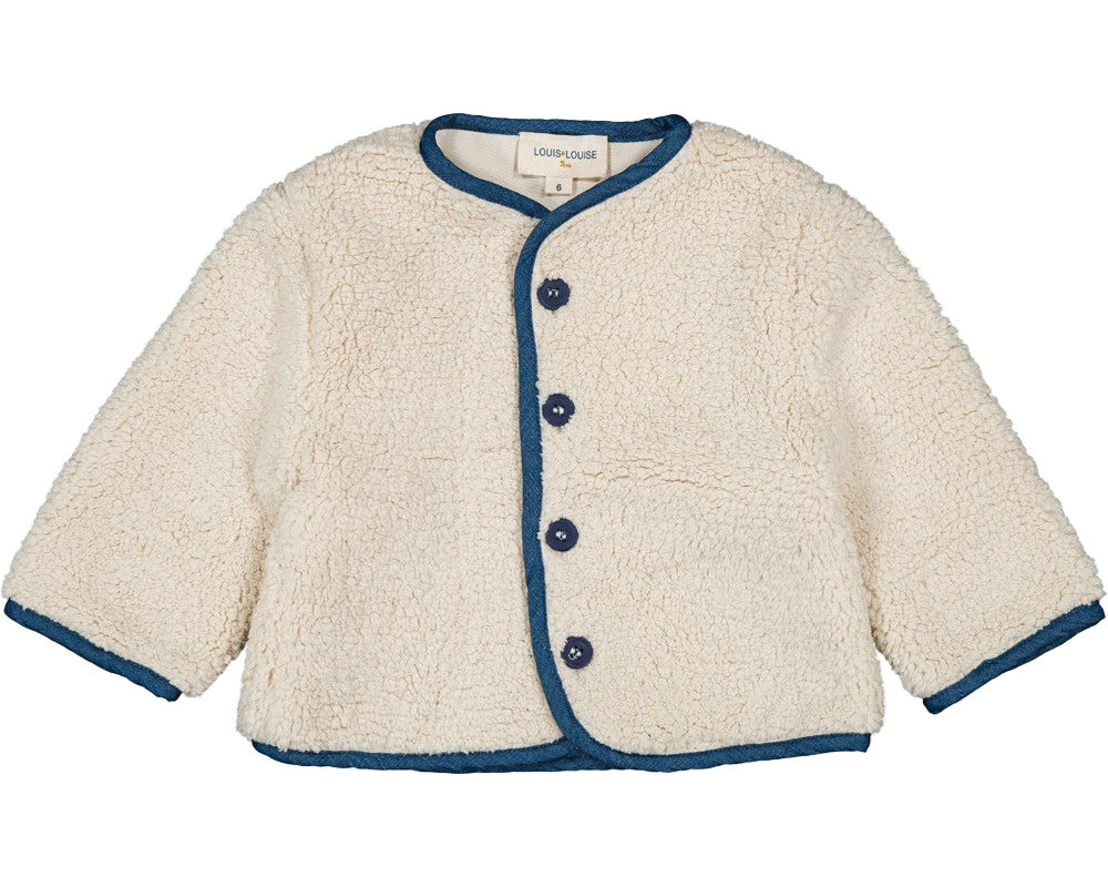 The Louis Louise Baby Boys' and Boys' Teddy Bear Fake Fur Jacket features cream-colored sherpa with blue trim and buttons, fully lined for comfort, shown flat on a white background.
